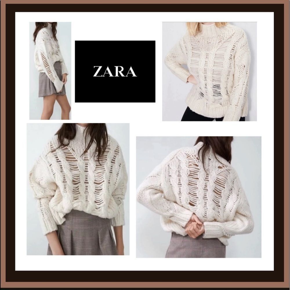 NWT Zara Blogger Favorite Thick Cable Openwork Knit Ecru Turtleneck Sweater Sz S